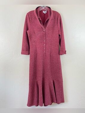 Unique Vintage Large Fuchsia Pink Belted Tweed Knitted Fit Flared Hem Midi Dress